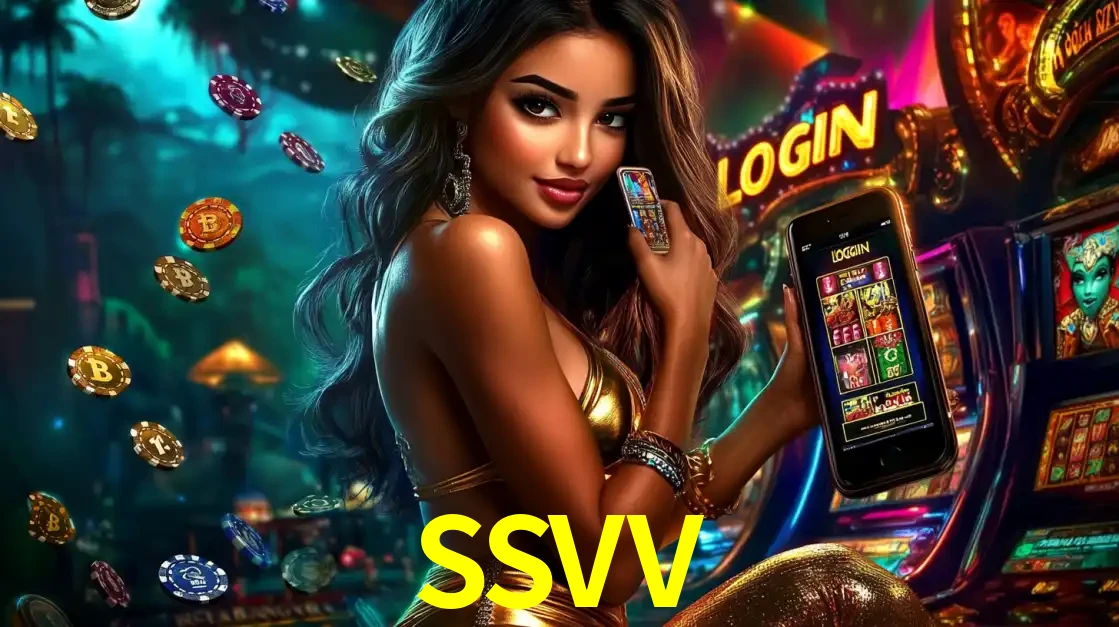 Mulher em um cenário de cassino temático de aventura, mostrando o app de caça-níqueis da SSVV no celular. Fichas de apostas flutuam ao redor.