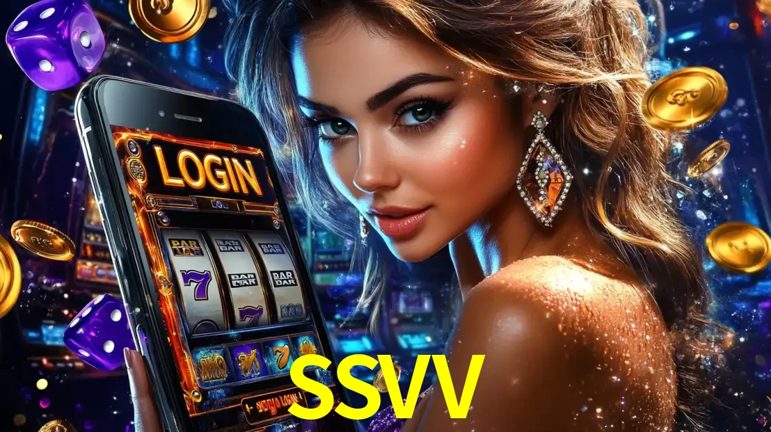 Mulher glamorosa segurando um smartphone com a tela de login para os jogos de caça-níqueis do cassino online SSVV, com moedas de ouro e dados ao redor.