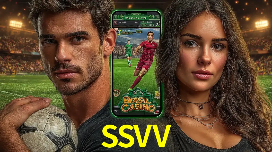 Homem segurando uma bola de futebol e uma mulher ao lado de um smartphone exibindo o jogo de apostas esportivas da SSVV. Faça seu palpite no cassino online.